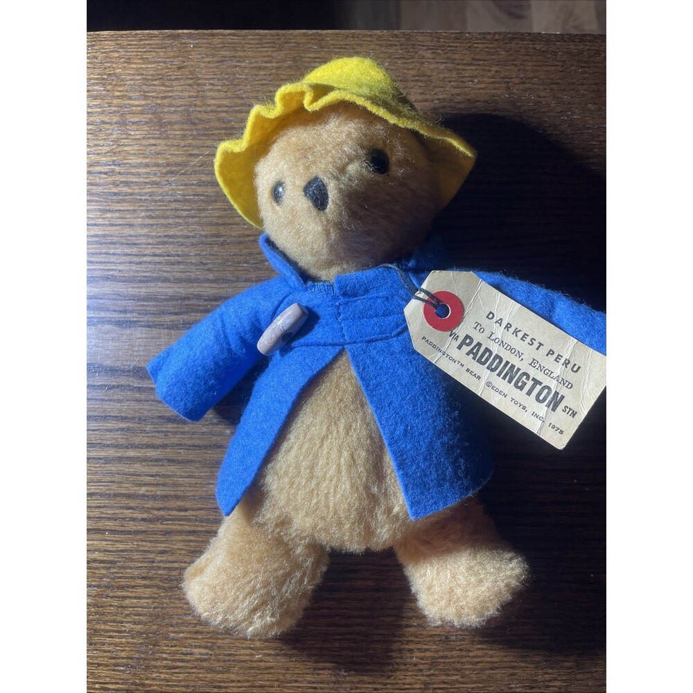 Vintage Paddington Bear Plush  1975 10" Doll Toy Yellow Hat Blue Coat Eden Toys